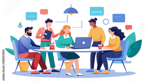 Diverse team collaborating around a table with a laptop