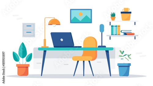 Modern home office setup with desk laptop and plants