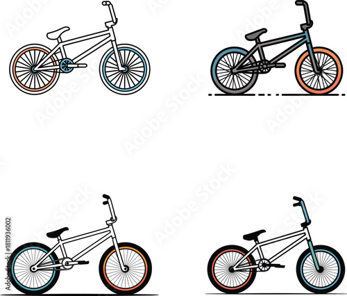 Set of Modern BMX Bicycle Outline and Flat Color Vector Illustration: Extreme Freestyle Bike Graphic Design for Sports, Youth Culture, and Urban Riding