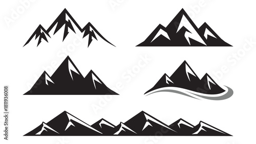 Black and white illustrations of various mountain peak designs and shapes