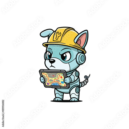 Cute robot dog character engineer wearing yellow hard hat holding a digital tablet.