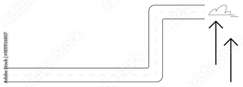 Road making a sharp turn paired with two upward arrows and a cloud symbolizing growth. Ideal for progress, transformation, goals, direction, adaptation, ambition, success. Simple flat metaphor