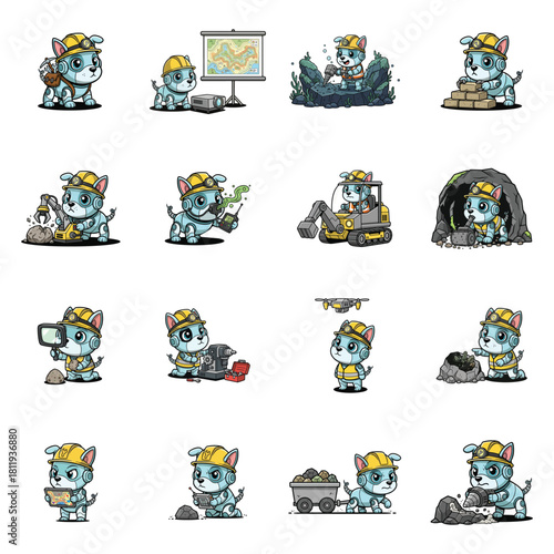 Adorable cartoon dog characters dressed as miners performing various mining and construction tasks.