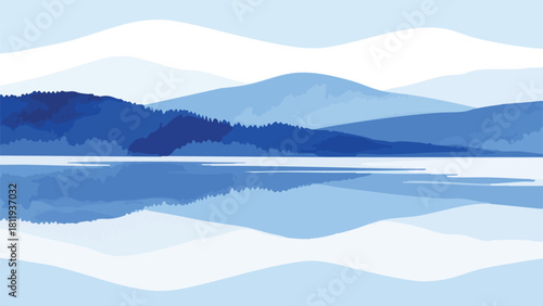 A minimalist landscape featuring blue mountains and a calm water reflection