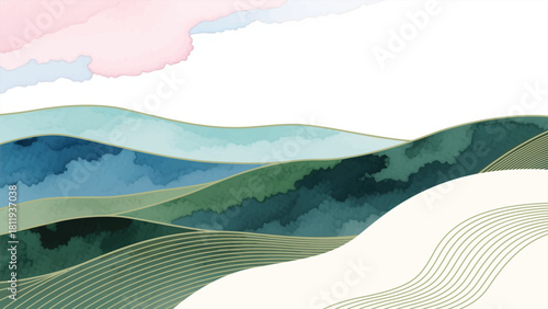 A peaceful watercolor landscape with rolling hills and soft pastel clouds