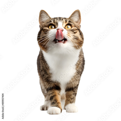 Playful Winking Cat Licking Lips Standing on Hind Legs Image