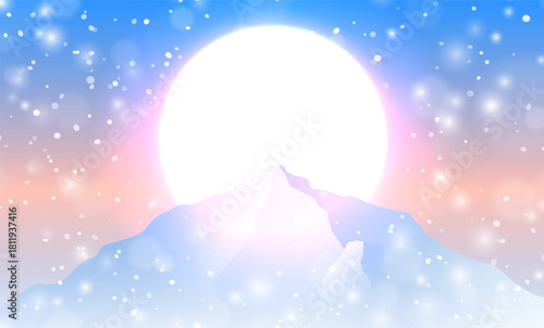 Minimalist vector illustration of snowy mountain peak silhouette against a large glowing sun at snowfall. Soft gradients create a serene, atmospheric winter landscape nature travel designs