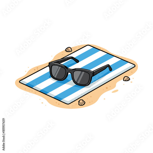 Sunglasses on a Striped Beach Towel with Sand and Seashells.
