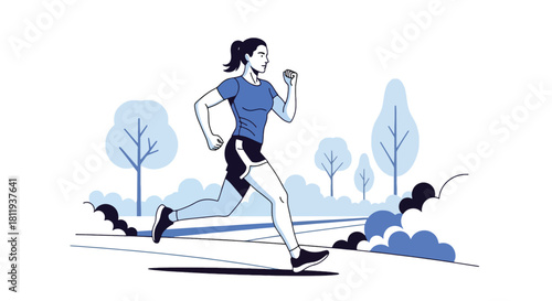 Flat vector athletic woman jogging outdoors on park path with dynamic stride and sporty outfit. Ideal for fitness blogs, running apps, healthy lifestyle designs, and wellness promotions