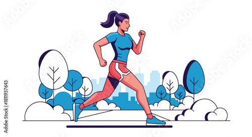 Flat vector athletic woman jogging outdoors on park path with dynamic stride and sporty outfit. Ideal for fitness blogs, running apps, healthy lifestyle designs, and wellness promotions