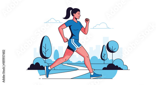 Flat vector athletic woman jogging outdoors on park path with dynamic stride and sporty outfit. Ideal for fitness blogs, running apps, healthy lifestyle designs, and wellness promotions
