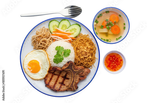 Vietnamese broken rice dish with grilled pork chop, fried egg, and side soup, isolated on transparent background