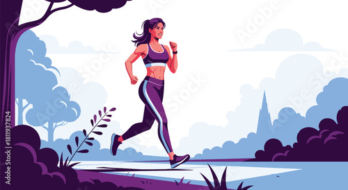 Flat vector athletic woman jogging outdoors on park path with dynamic stride and sporty outfit. Ideal for fitness blogs, running apps, healthy lifestyle designs, and wellness promotions