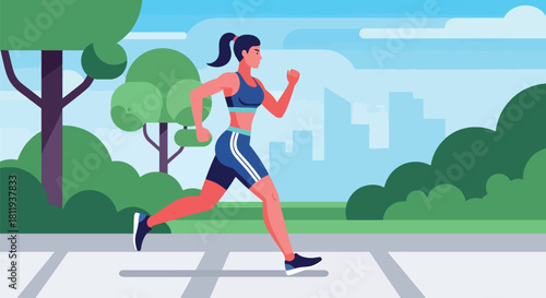 Flat vector athletic woman jogging outdoors on park path with dynamic stride and sporty outfit. Ideal for fitness blogs, running apps, healthy lifestyle designs, and wellness promotions