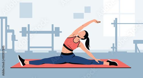 Flat vector female trainer performing full-body stretch on mat in minimal gym. Ideal for stretching guides, wellness apps, fitness coaching content, and exercise illustrations