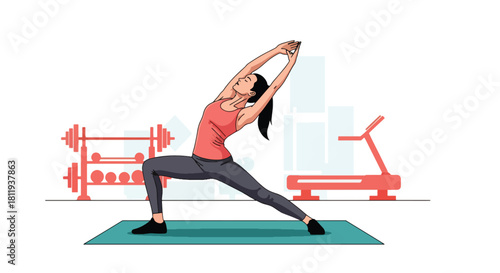 Flat vector female trainer performing full-body stretch on mat in minimal gym. Ideal for stretching guides, wellness apps, fitness coaching content, and exercise illustrations