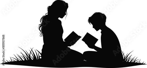 Black silhouette of mother and son sitting on grass reading books together outdoors isolated on white background for education