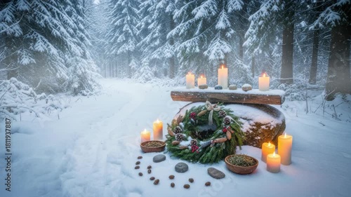 Winter solstice celebration in snowy forest with lit candles, a wreath, and natural elements, pagan Christmas concept