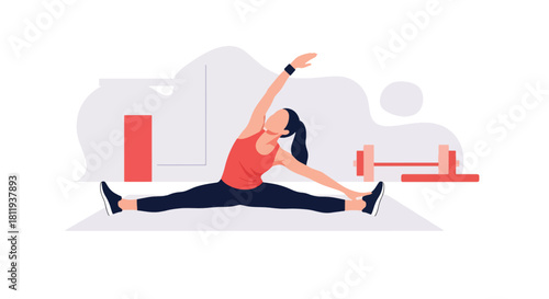 Flat vector female trainer performing full-body stretch on mat in minimal gym. Ideal for stretching guides, wellness apps, fitness coaching content, and exercise illustrations