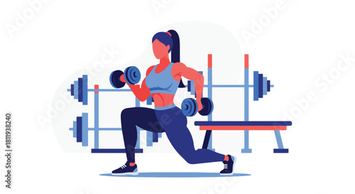 Flat vector confident woman lifting dumbbells during strength session with bold stance. Ideal for gym promotions, workout programs, strength training guides, and fitness branding