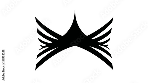 Abstract black and white symmetrical graphic symbol, minimalist geometric design with wing and crown elements, elegant vector art.