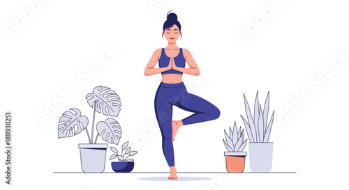Flat vector woman practicing yoga balance pose in calm interior with plants. Ideal for yoga apps, wellness branding, meditation content, and holistic health illustrations