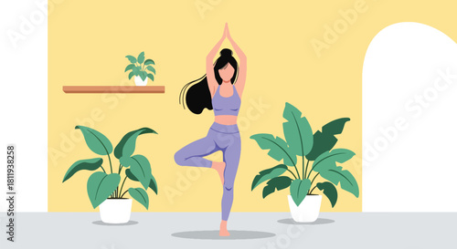 Flat vector woman practicing yoga balance pose in calm interior with plants. Ideal for yoga apps, wellness branding, meditation content, and holistic health illustrations