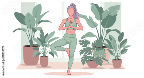 Flat vector woman practicing yoga balance pose in calm interior with plants. Ideal for yoga apps, wellness branding, meditation content, and holistic health illustrations