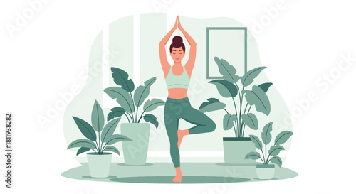 Flat vector woman practicing yoga balance pose in calm interior with plants. Ideal for yoga apps, wellness branding, meditation content, and holistic health illustrations