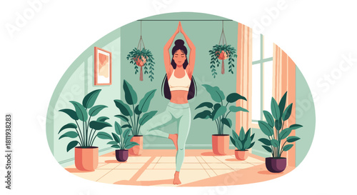 Flat vector woman practicing yoga balance pose in calm interior with plants. Ideal for yoga apps, wellness branding, meditation content, and holistic health illustrations