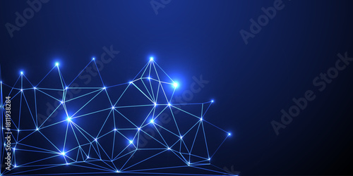 Abstract network of glowing points and lines. A wave of interconnected nodes. Intricate lines and dots creating a glowing abstract network on a dark background.
