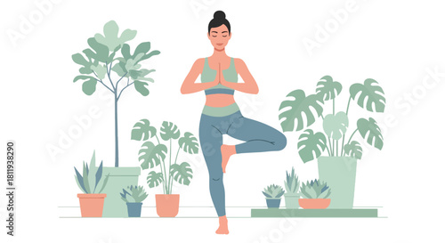 Flat vector woman practicing yoga balance pose in calm interior with plants. Ideal for yoga apps, wellness branding, meditation content, and holistic health illustrations