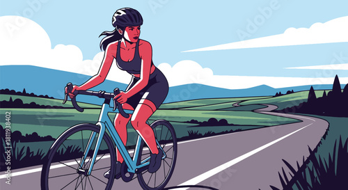 Flat vector sporty woman cycling on open road with helmet and activewear. Ideal for cycling promotions, outdoor fitness content, sports blogs, and healthy lifestyle visuals