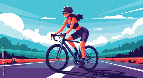 Flat vector sporty woman cycling on open road with helmet and activewear. Ideal for cycling promotions, outdoor fitness content, sports blogs, and healthy lifestyle visuals