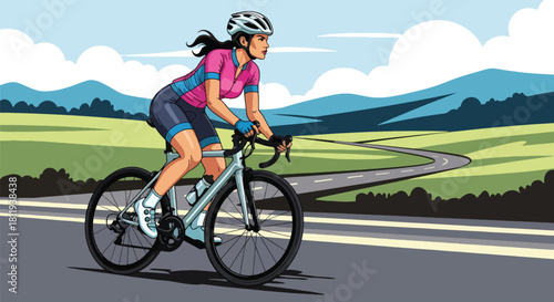 Flat vector sporty woman cycling on open road with helmet and activewear. Ideal for cycling promotions, outdoor fitness content, sports blogs, and healthy lifestyle visuals