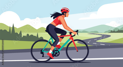 Flat vector sporty woman cycling on open road with helmet and activewear. Ideal for cycling promotions, outdoor fitness content, sports blogs, and healthy lifestyle visuals