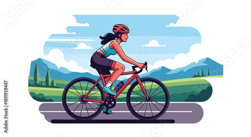 Flat vector sporty woman cycling on open road with helmet and activewear. Ideal for cycling promotions, outdoor fitness content, sports blogs, and healthy lifestyle visuals