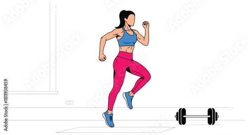 Flat vector woman performing HIIT cardio workout at home in dynamic pose. Ideal for fitness apps, workout programs, healthy lifestyle posts, and home exercise tutorials