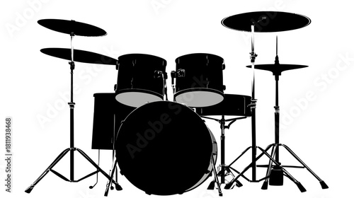 Dynamic drum kit silhouette isolated on white background. Professional percussion instrument for music, rock bands, and rhythm.