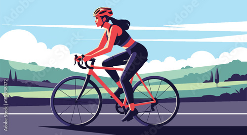 Flat vector sporty woman cycling on open road with helmet and activewear. Ideal for cycling promotions, outdoor fitness content, sports blogs, and healthy lifestyle visuals