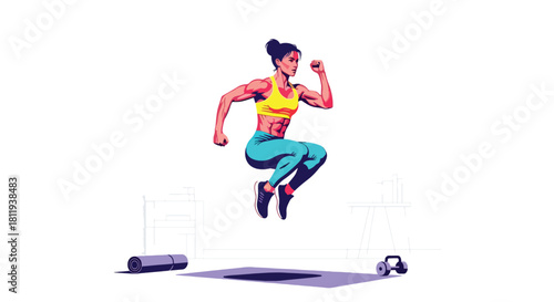 Flat vector woman performing HIIT cardio workout at home in dynamic pose. Ideal for fitness apps, workout programs, healthy lifestyle posts, and home exercise tutorials