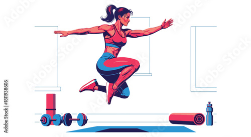 Flat vector woman performing HIIT cardio workout at home in dynamic pose. Ideal for fitness apps, workout programs, healthy lifestyle posts, and home exercise tutorials