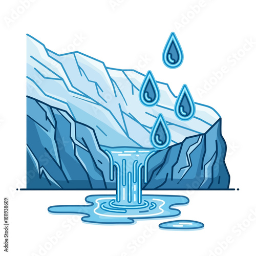Illustration of a melting glacier with water flowing and droplets falling, symbolizing the impact of climate change