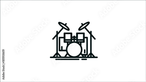 Minimalist Drum Kit Line Art Icon. Simple outline illustration of a percussion instrument, representing music, rhythm, and sound.