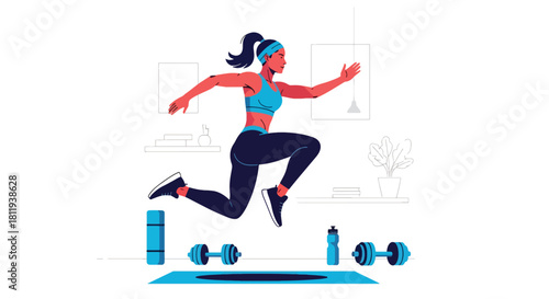 Flat vector woman performing HIIT cardio workout at home in dynamic pose. Ideal for fitness apps, workout programs, healthy lifestyle posts, and home exercise tutorials