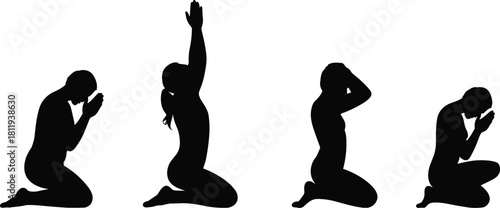 Set of four black silhouettes showing a woman kneeling in prayer, raising hands in worship, and feeling despair on white background