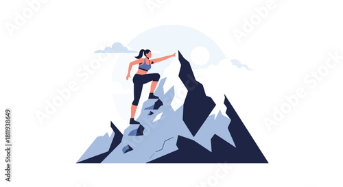 Flat vector sporty woman standing proudly on mountain peak after hike. Ideal for adventure branding, outdoor lifestyle posts, fitness promotion, and hiking guides