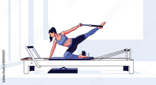 Flat vector woman doing pilates reformer workout in clean studio. Ideal for pilates centers, rehab fitness, wellness content, and body-strengthening illustrations