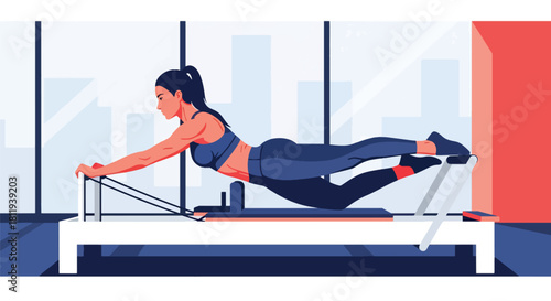 Flat vector woman doing pilates reformer workout in clean studio. Ideal for pilates centers, rehab fitness, wellness content, and body-strengthening illustrations