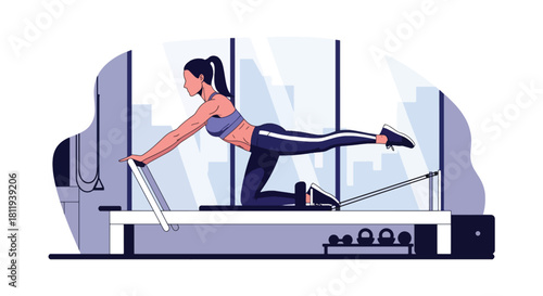 Flat vector woman doing pilates reformer workout in clean studio. Ideal for pilates centers, rehab fitness, wellness content, and body-strengthening illustrations